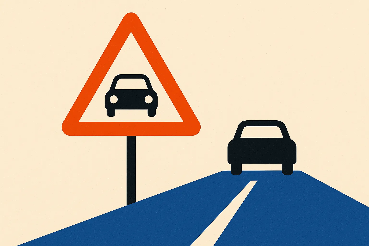 Un panneau de signalisation belge avec une voiture sur une route vide