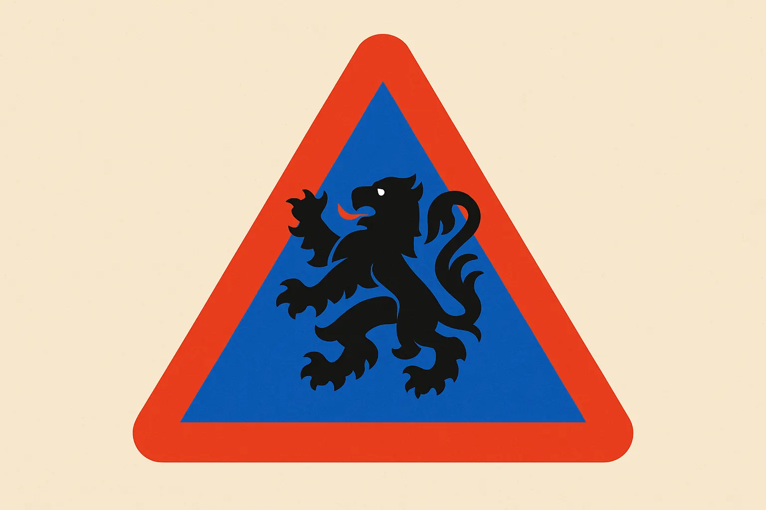 Un panneau routier belge avec un lion seul sur fond blanc.