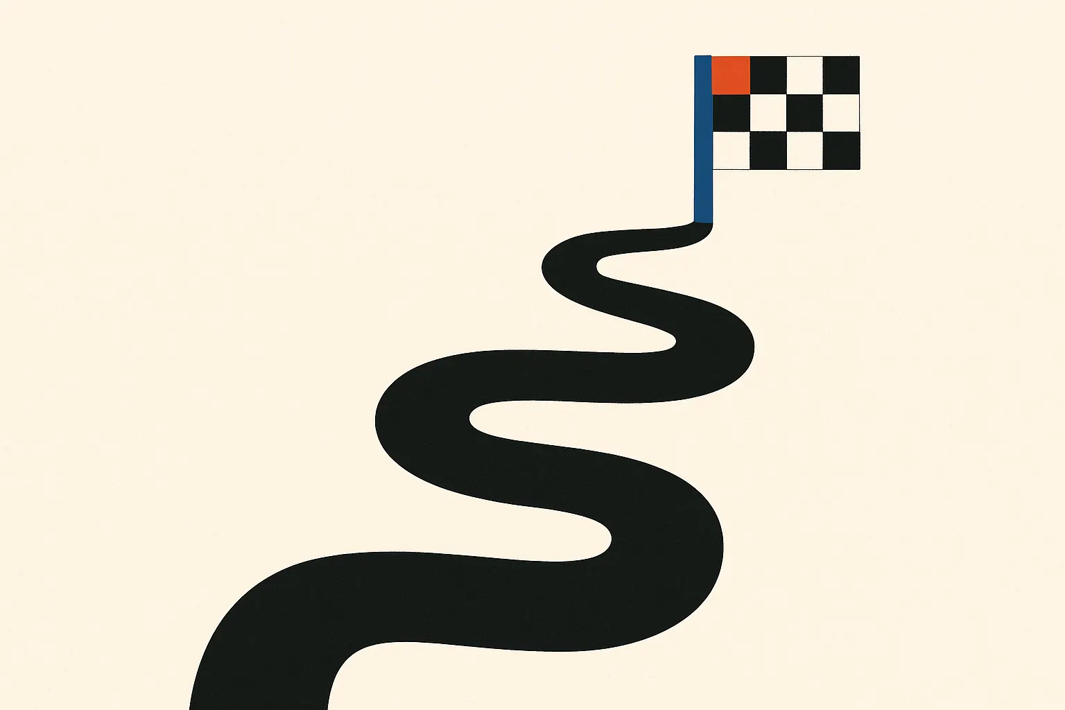 Une route sinueuse vers un petit drapeau à damier