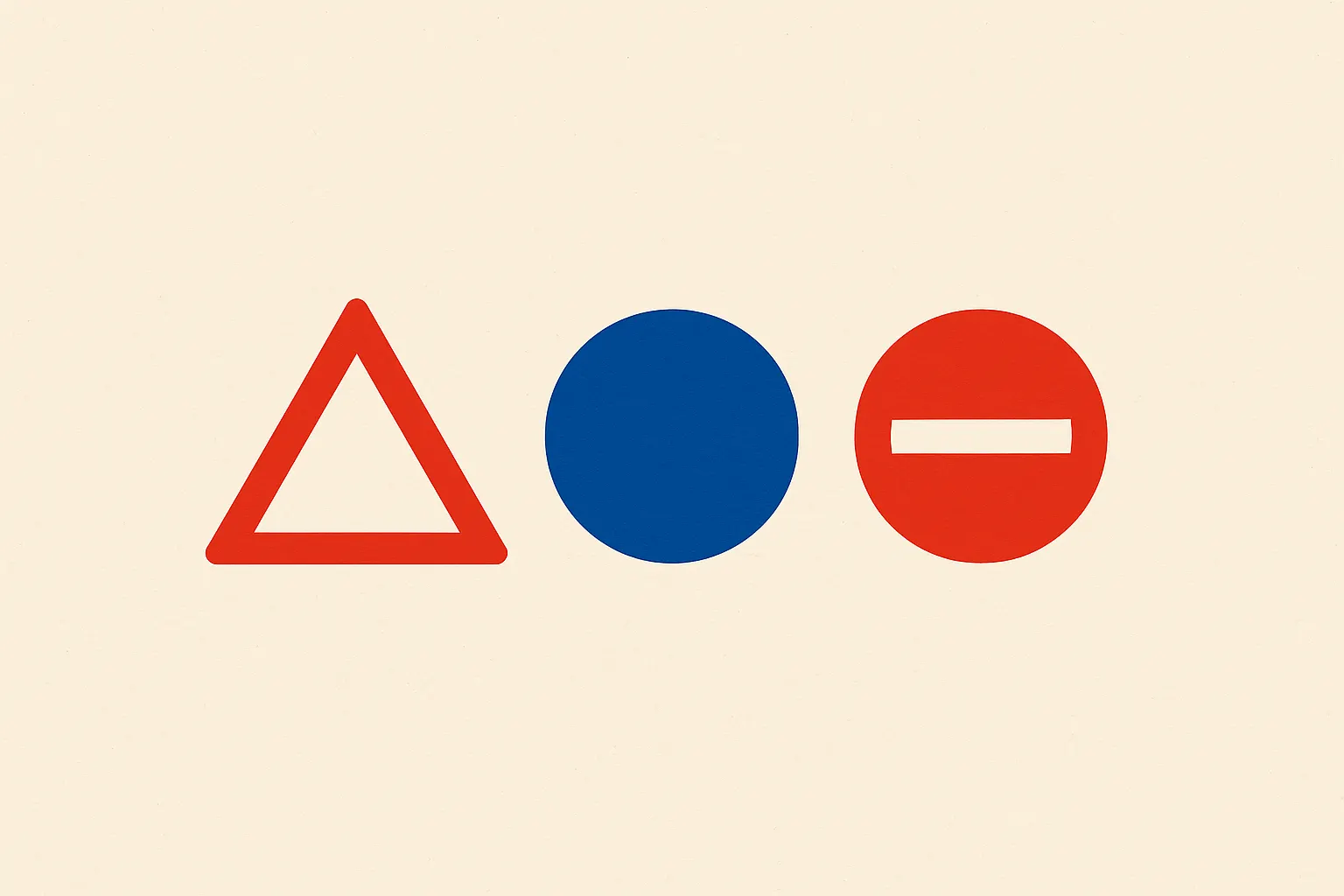 Illustration plate des quatre familles de panneaux de signalisation belges: triangle danger, disque interdiction, disque obligation, carré indication