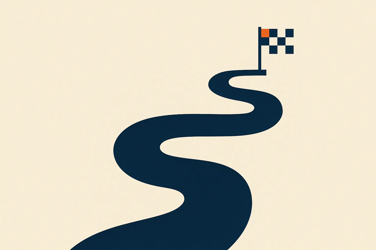 Route sinueuse avec un drapeau à damier au loin