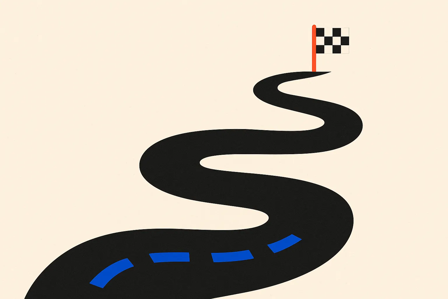 Une route sinueuse avec un petit drapeau à damier au bout