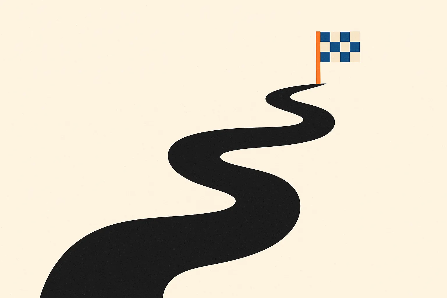 Une route sinueuse menant vers un petit drapeau à damier