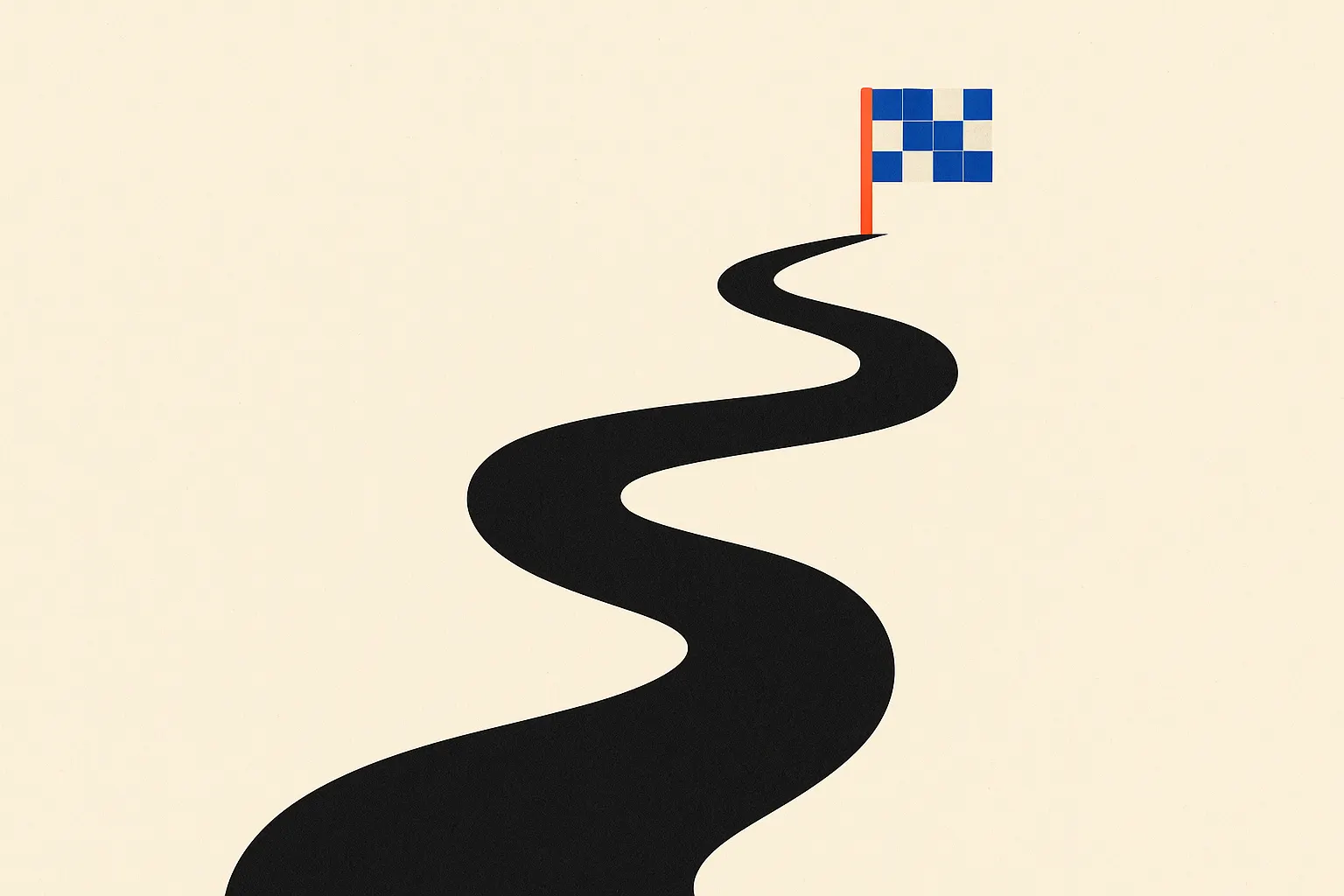 Route sinueuse menant vers un drapeau à damier, symbole de réussite